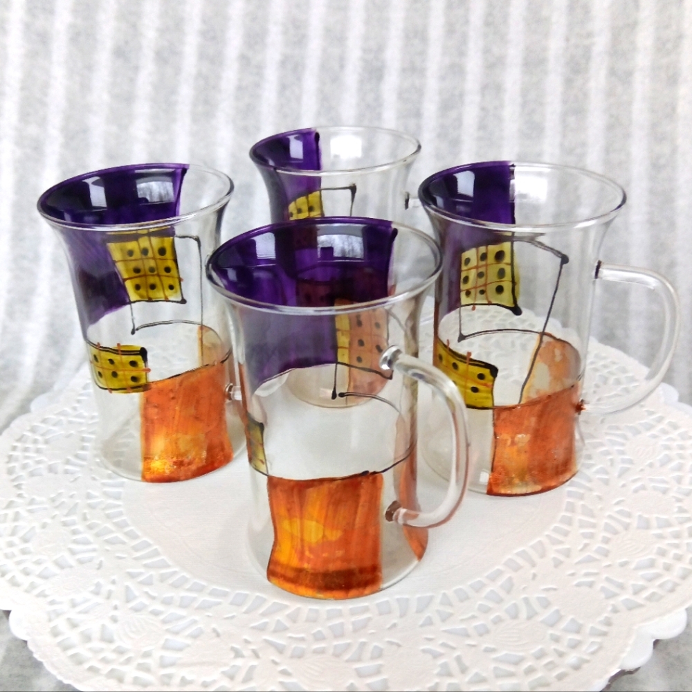 Vintage 4x Irish Coffee Glass Tumblers Hand-Painted Purple & Metallic Gold - Picture 3 of 17